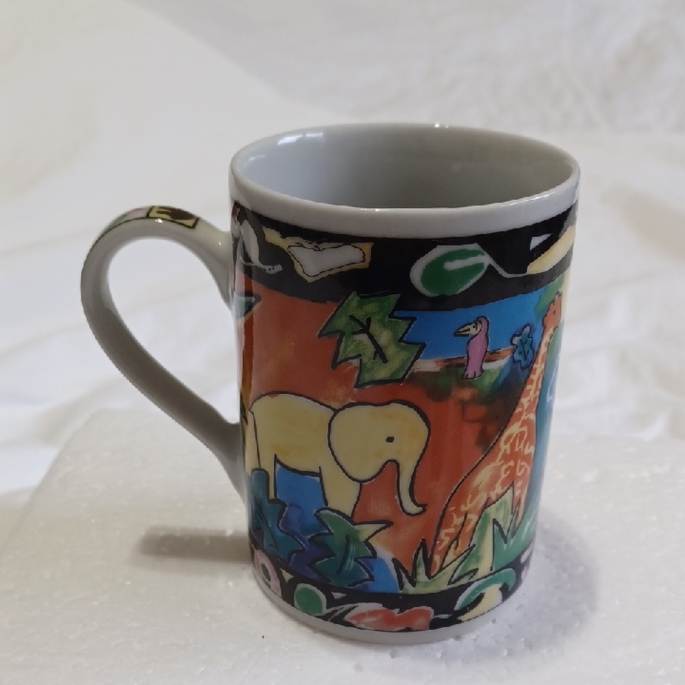 PIER 1 IMPORTS Colorful Safari Animals Mug Pink Elephant Giraffe